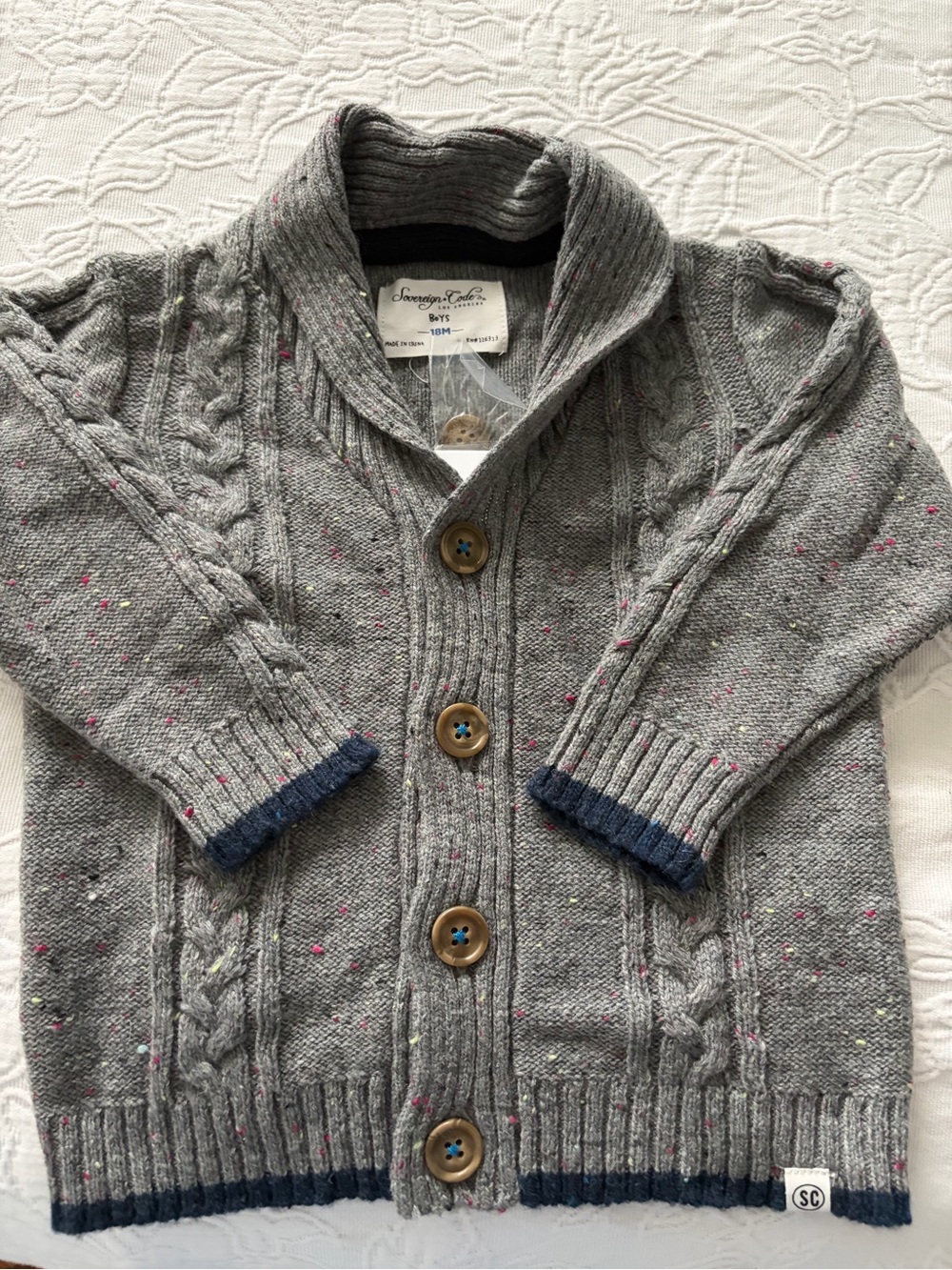 Sovereign Code Gray Speckled Shawl Collar Cardigan with Navy Trim boys new 18m
